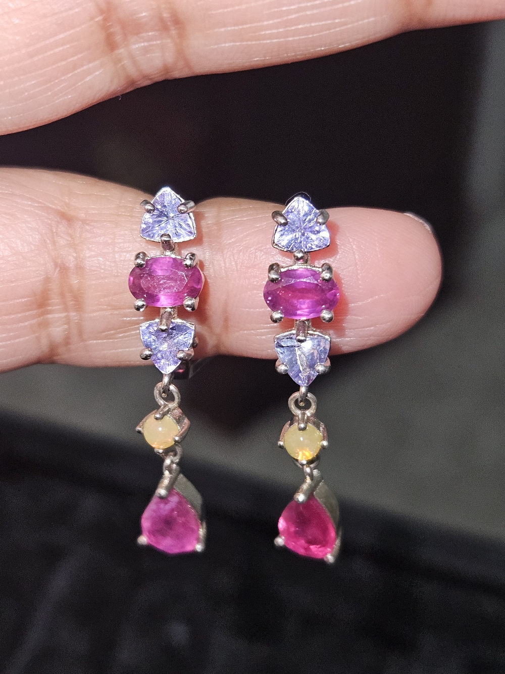 925S Ruby, Tanzanite and Fire Opal Multi-Gem Drop Earrings